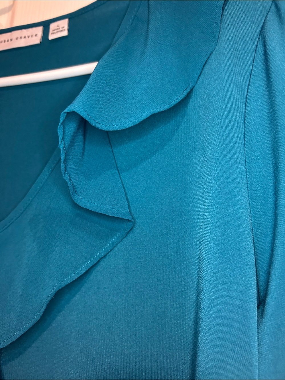 Susan Graver Teal V-Neck Ruffle Front Long Sleeve Blouse - Picture 4 of 7